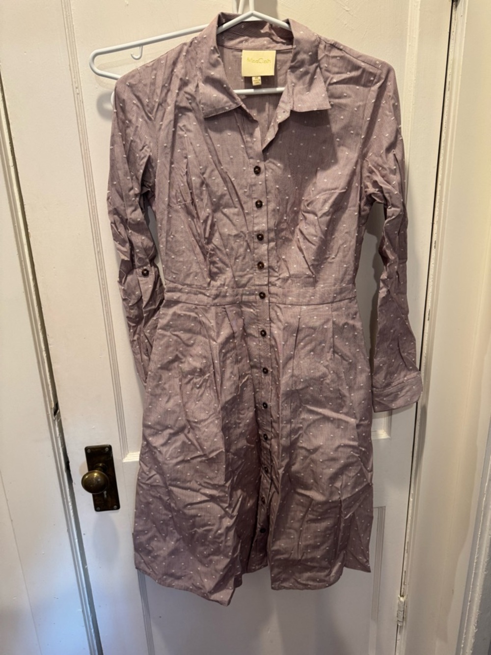Button-Front purple Shirt Dress with Subtle Polka Dot and pin striping